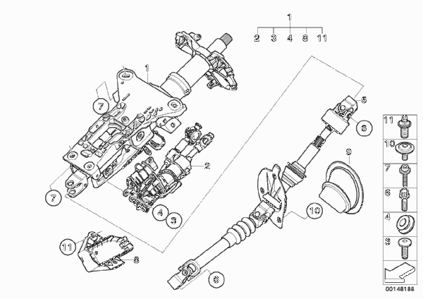 Рулевая колонка с электропр./доп.детали для BMW E61N 530xd M57N2 (схема запчастей)