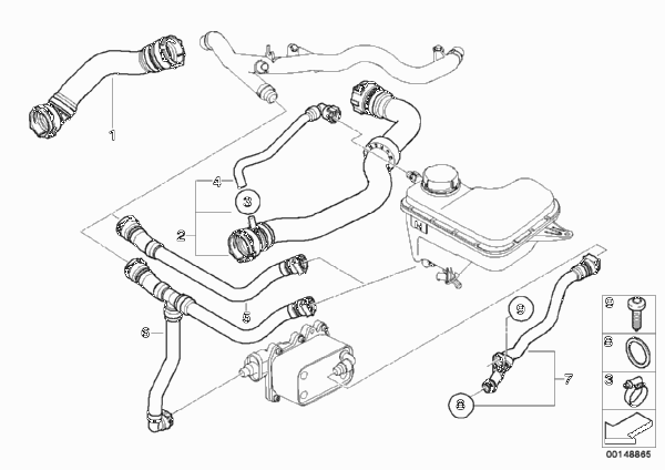 Водяной шланг системы охлаждения для BMW E83 X3 3.0d M57N2 (схема запчастей)