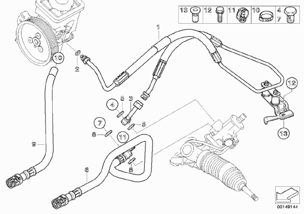 Маслопроводы гидроусилителя рул.управл. для BMW E60 530xd M57N2 (схема запчастей)