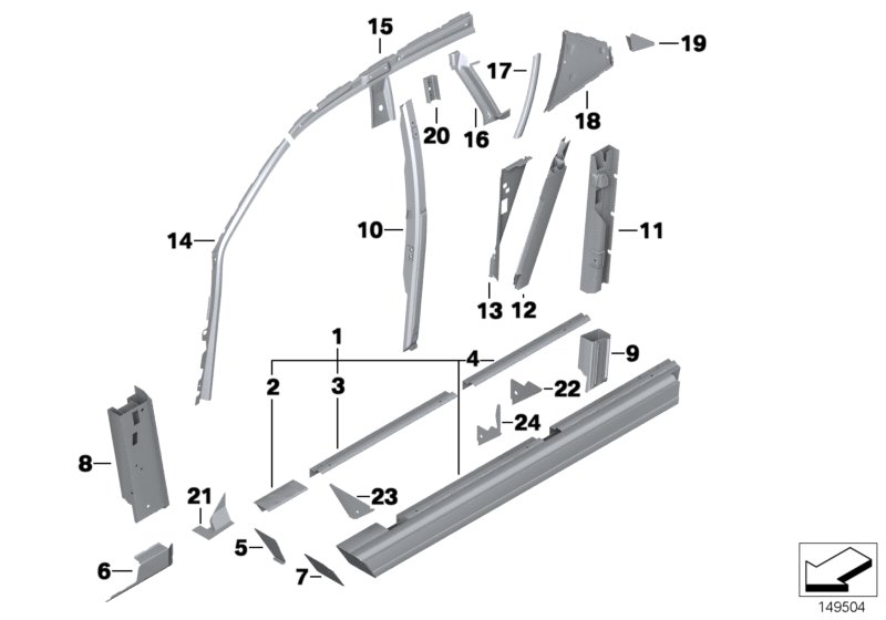 Детали бокового каркаса для BMW RR1N Phantom N73 (схема запчастей)