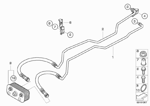 Трубопровод масл.радиатора/теплообменник для BMW E83N X3 2.5si N52N (схема запчастей)