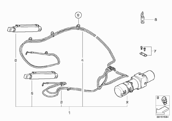 Гидравлический узел складного верха для MINI R52 Cooper S W11 (схема запчастей)
