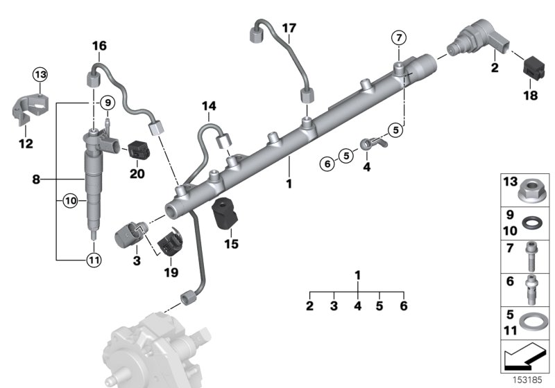 Ресивер/инжектор/провод для BMW E61N 530xd M57N2 (схема запчастей)