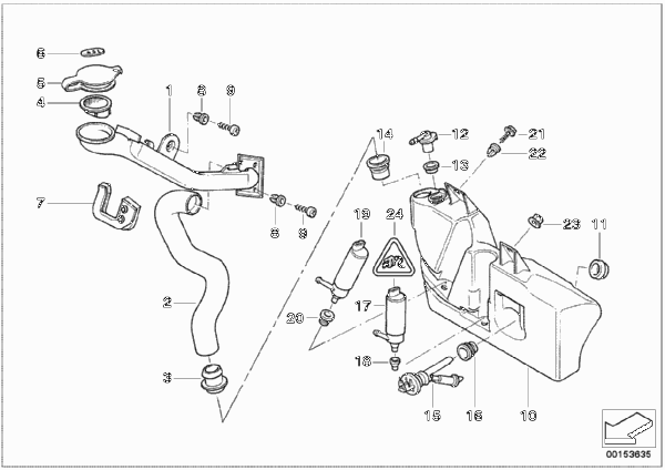 Бачок системы омывателей фар для BMW E38 L7 M73N (схема запчастей)