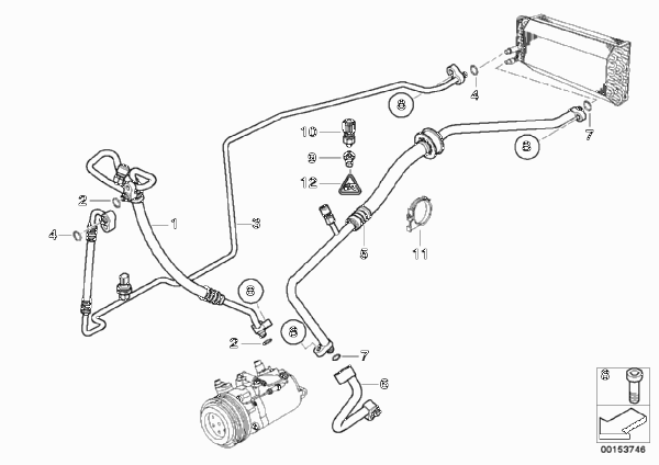 Трубопроводы хладагента для BMW E53 X5 4.4i M62 (схема запчастей)