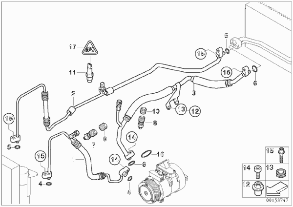 Трубопроводы хладагента для BMW E65 745i N62 (схема запчастей)