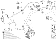 Трубопроводы хладагента для BMW E61 525i M54 (схема запасных частей)