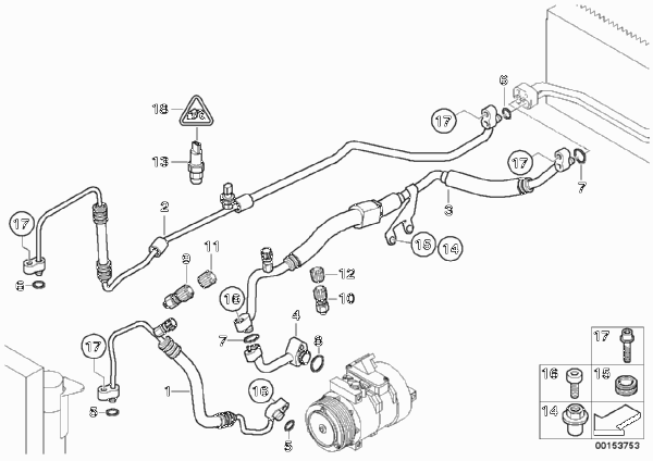 Трубопроводы хладагента для BMW E65 740d M67 (схема запчастей)