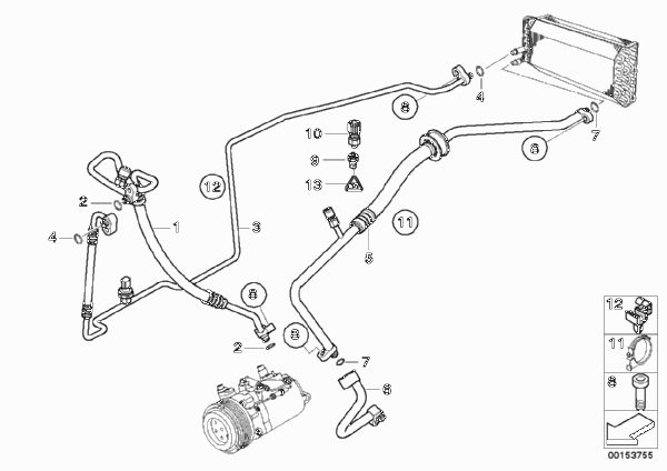 Трубопроводы хладагента для BMW E53 X5 4.8is N62 (схема запчастей)