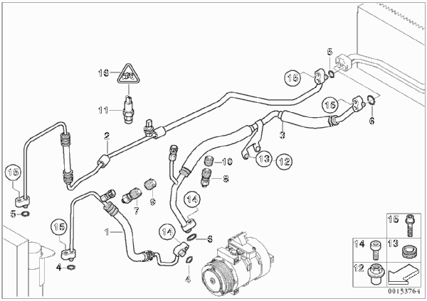 Трубопроводы хладагента для BMW E65 750i N62N (схема запчастей)
