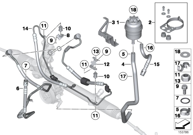 Бачок гидроус.рул.упр./трубопропроводы для BMW RR1 Phantom EWB N73 (схема запчастей)
