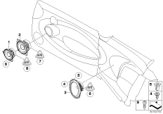 Детали динамика Stereo для BMW R55N Cooper D 2.0 N47N (схема запасных частей)
