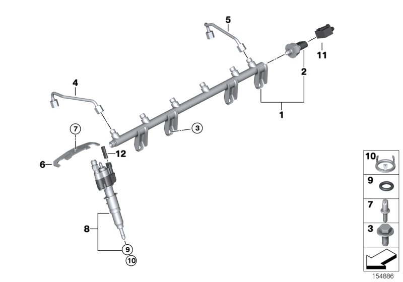 Магистраль Rail/форсунка/провод для BMW F01 740i N54 (схема запчастей)