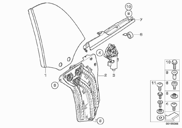 Механизм перемещения стекла двери Зд для BMW R52 Cooper S W11 (схема запчастей)
