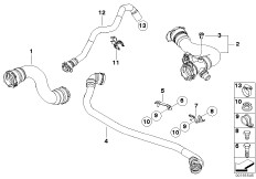 Водяной шланг системы охлаждения для BMW E83N X3 3.0si N52N (схема запасных частей)