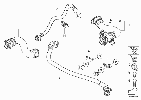 Водяной шланг системы охлаждения для BMW E83N X3 3.0si N52N (схема запчастей)