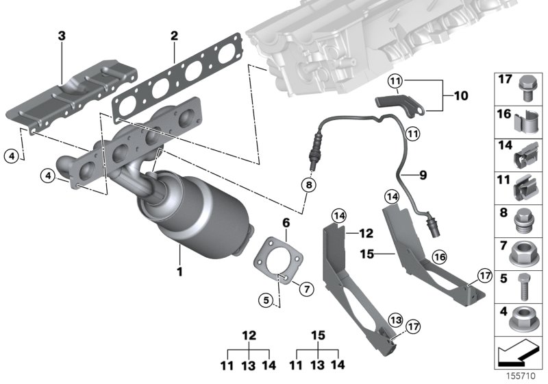 Выпускной коллектор с катализатором для BMW E81 116i 1.6 N45N (схема запчастей)