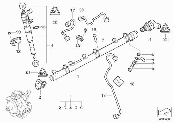 Ресивер/инжектор/провод для BMW E90 325d M57N2 (схема запчастей)