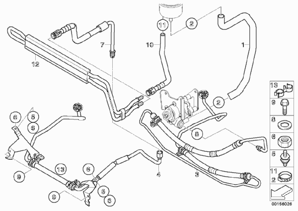 Маслопроводы гидроусилителя рул.управл. для BMW E83 X3 3.0i M54 (схема запчастей)