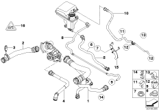 Водяной шланг системы охлаждения для BMW E65 740i N62N (схема запасных частей)