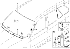 Остекление, дополнительные элементы для BMW E70 X5 3.0d M57N2 (схема запасных частей)