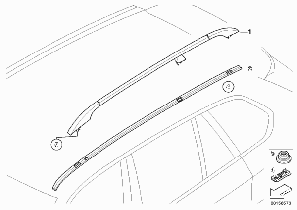 Дооснащение полозьями багажника на крыше для BMW E70 X5 3.0si N52N (схема запчастей)