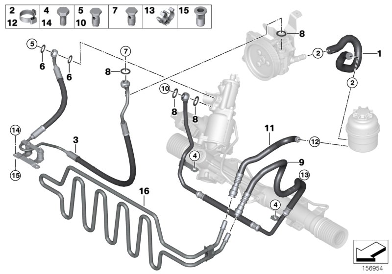 Маслопроводы гидроусилителя рул.управл. для BMW E92N 335d M57N2 (схема запчастей)