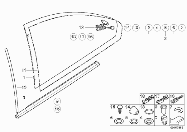 Механизм перемещения стекла двери Зд для BMW E46 318Ci M43 (схема запчастей)