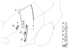 Механизм перемещения стекла двери Зд для BMW E53 X5 4.4i M62 (схема запасных частей)