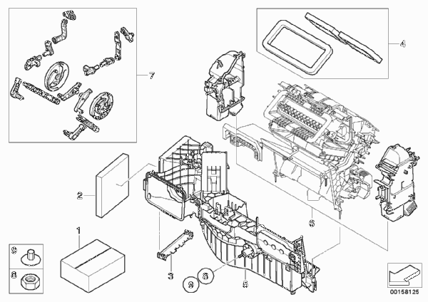 Детали корпуса кондиционера для BMW E70 X5 M S63 (схема запчастей)