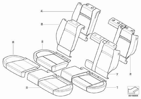 Набивка и обивка базового сиденья Зд для BMW E70N X5 M50dX N57X (схема запчастей)