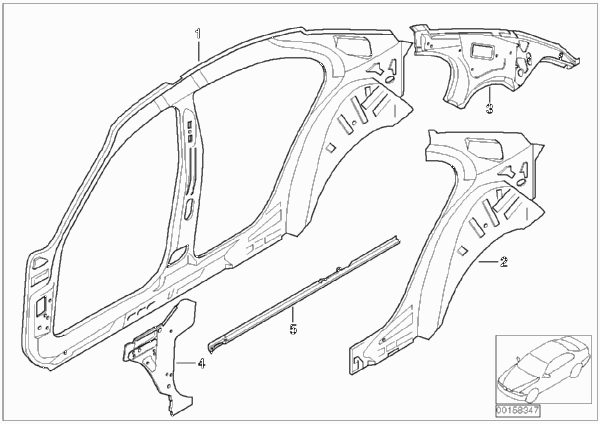 Детали бокового каркаса для BMW E65 730d M57N (схема запчастей)