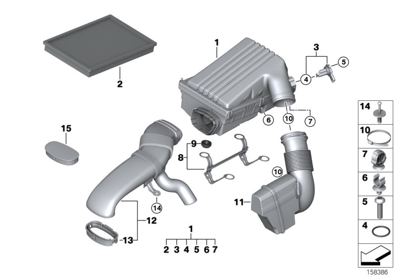 Глушитель шума всас./смен.элем.фил./HFM для BMW E70 X5 3.0si N52N (схема запчастей)