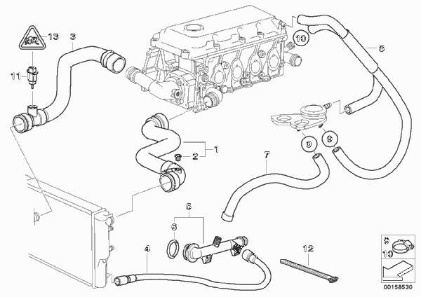 Водяной шланг системы охлаждения для BMW E46 316i 1.9 M43 (схема запчастей)