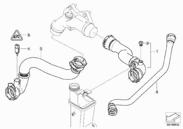 Водяной шланг системы охлаждения для BMW E83 X3 2.5i M54 (схема запчастей)