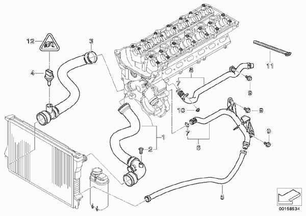 Водяной шланг системы охлаждения для BMW E46 330i M54 (схема запчастей)