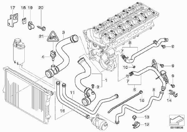 Водяной шланг системы охлаждения для BMW E39 520i M52 (схема запчастей)