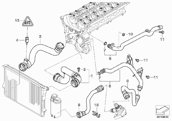Водяной шланг системы охлаждения для BMW E53 X5 3.0i M54 (схема запчастей)