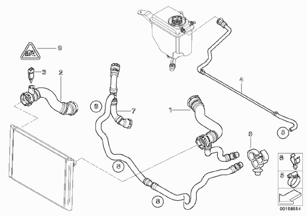 Водяной шланг системы охлаждения для BMW E60 530i N52 (схема запчастей)
