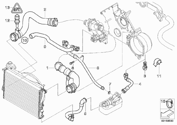 Водяной шланг системы охлаждения для BMW E38 740i M62 (схема запчастей)