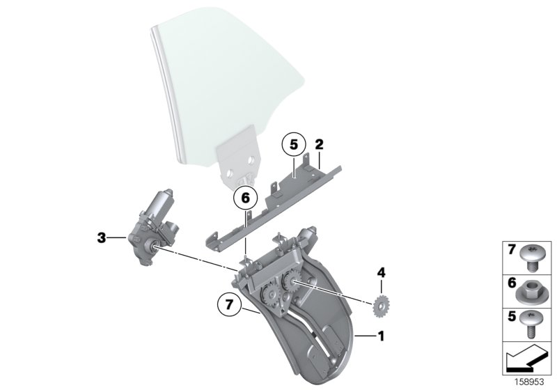 Механизм перемещения стекла двери Зд для BMW RR2 Drophead N73 (схема запчастей)