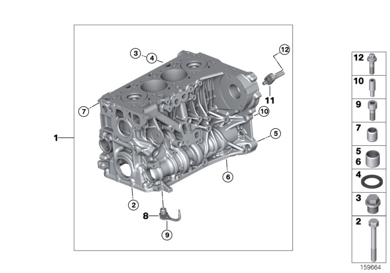 Блок-картер двигателя для BMW F10 525dX N47S1 (схема запчастей)