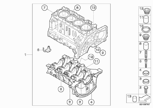 Блок-картер двигателя для MINI R56 One D W16 (схема запчастей)