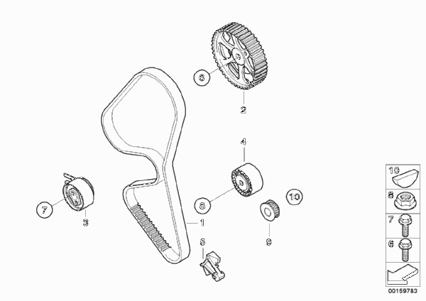 Зубчатый ремень механ.газораспределения для BMW R56 Cooper D W16 (схема запчастей)