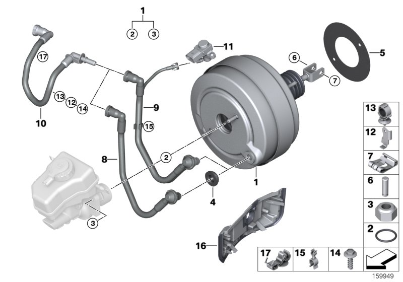Вакуумный усилитель тормозов для BMW E88 118i N43 (схема запчастей)