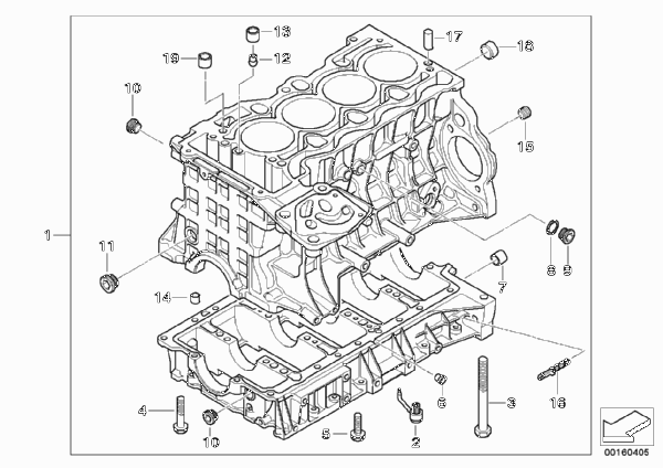Блок-картер двигателя для BMW E46 316i N42 (схема запчастей)