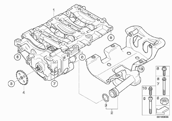 Блок балансирных валов масляного насоса для BMW E81 118i N43 (схема запчастей)