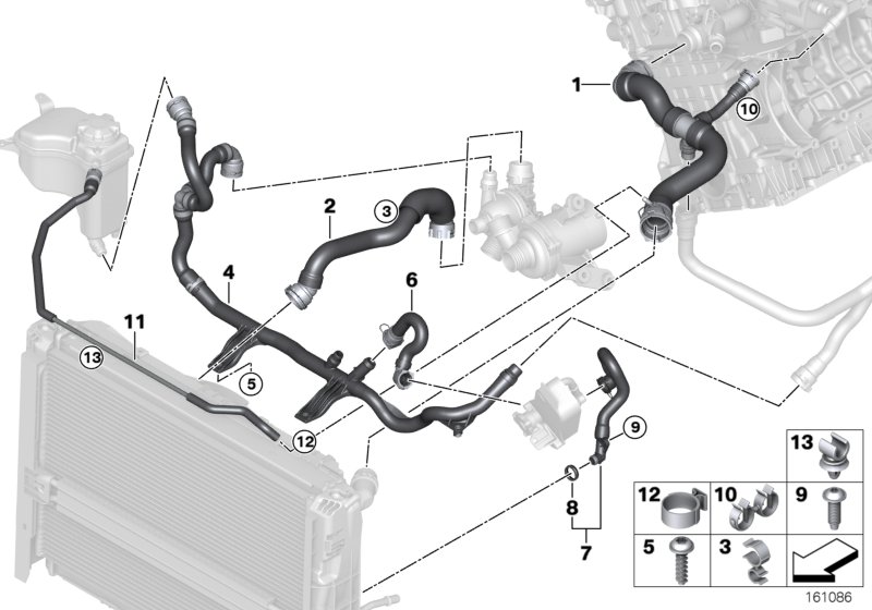 Водяной шланг системы охлаждения для BMW E91 318i N43 (схема запчастей)