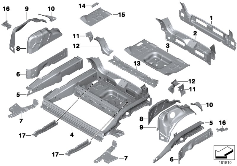 Пол багажника/брызговик Зд для BMW R56N Cooper S N18 (схема запчастей)