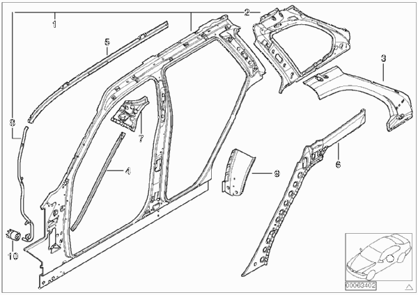 Детали бокового каркаса для BMW E53 X5 3.0d M57N (схема запчастей)